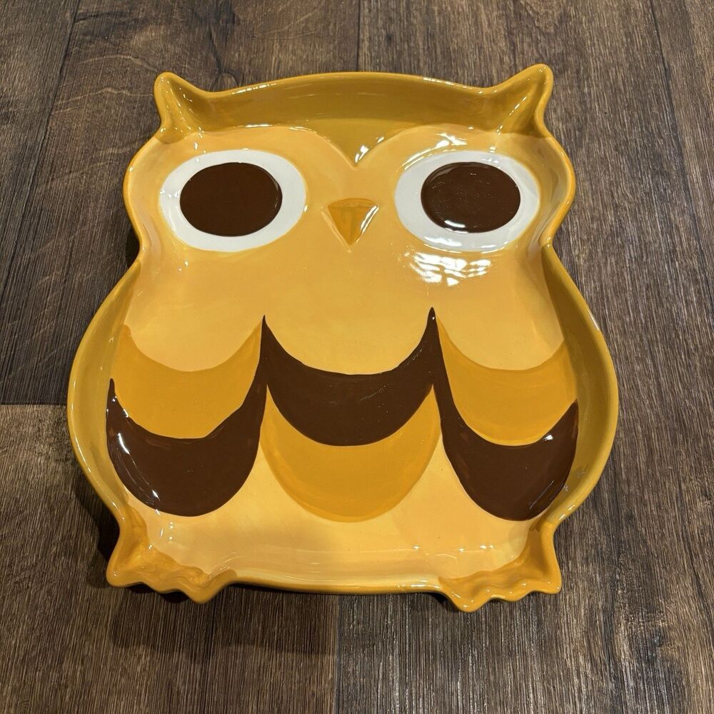 Vintage Mesa Owl Ceramic Platter Tray Brown Mustard Yellow 10x11.5 Wall Decor